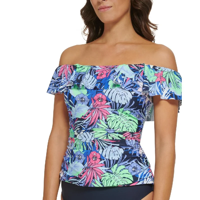 Tommy Hilfiger Womens Printed Off-The-Shoulder Tankini Swim Top Soft Beachwear Set