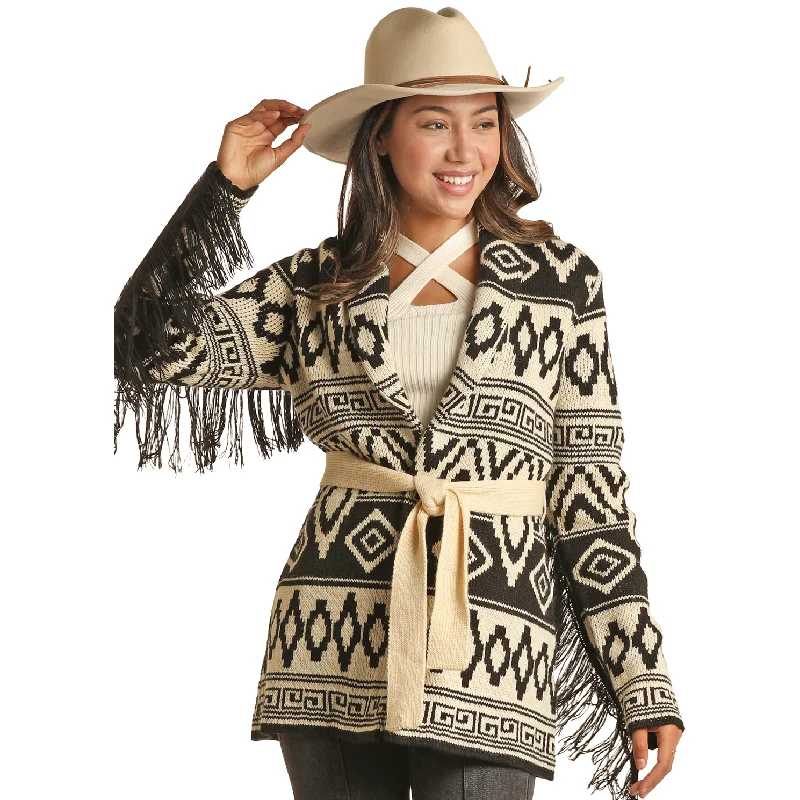 Powder River Ladies Cream Aztec Lapel Fringe Cardigan PRWO95RZXB-01 Cable Knit Ribbed Knit Lace Knit Powder River Ladies Cream Aztec Lapel Fringe Cardigan PRWO95RZXB-01 Cable Knit Ribbed Knit Lace Knit