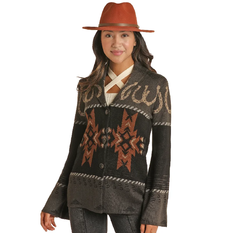 Powder River Ladies Horseshoe & Aztec Black Knit Cardigan PRWO95RZXC-01 Hooded Cardigan Collared Cardigan Shawl Collar Powder River Ladies Horseshoe & Aztec Black Knit Cardigan PRWO95RZXC-01 Hooded Cardigan Collared Cardigan Shawl Collar