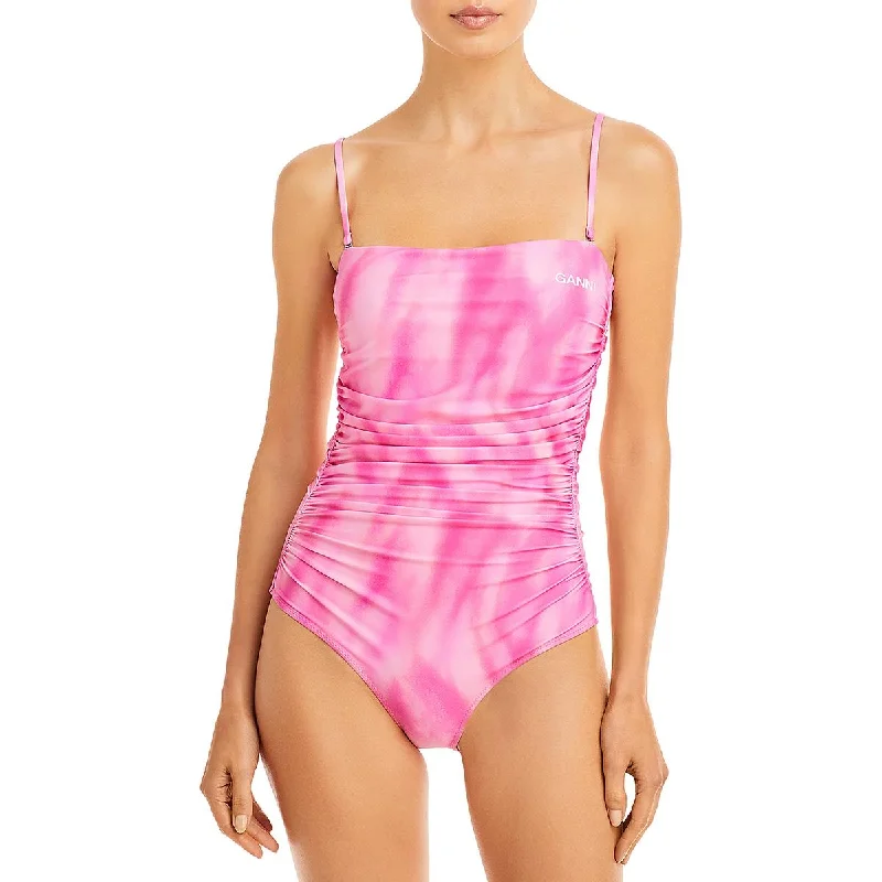 Womens Tie-Dye Ruched One-Piece Swimsuit Button-Front Swimsuit