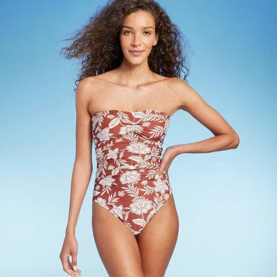 New - Women's Shirred Bandeau One Piece Swimsuit - Shade & Shore Brown Floral Print XS Vibrant Bikini Bottoms New - Women's Shirred Bandeau One Piece Swimsuit - Shade & Shore Brown Floral Print XS Vibrant Bikini Bottoms